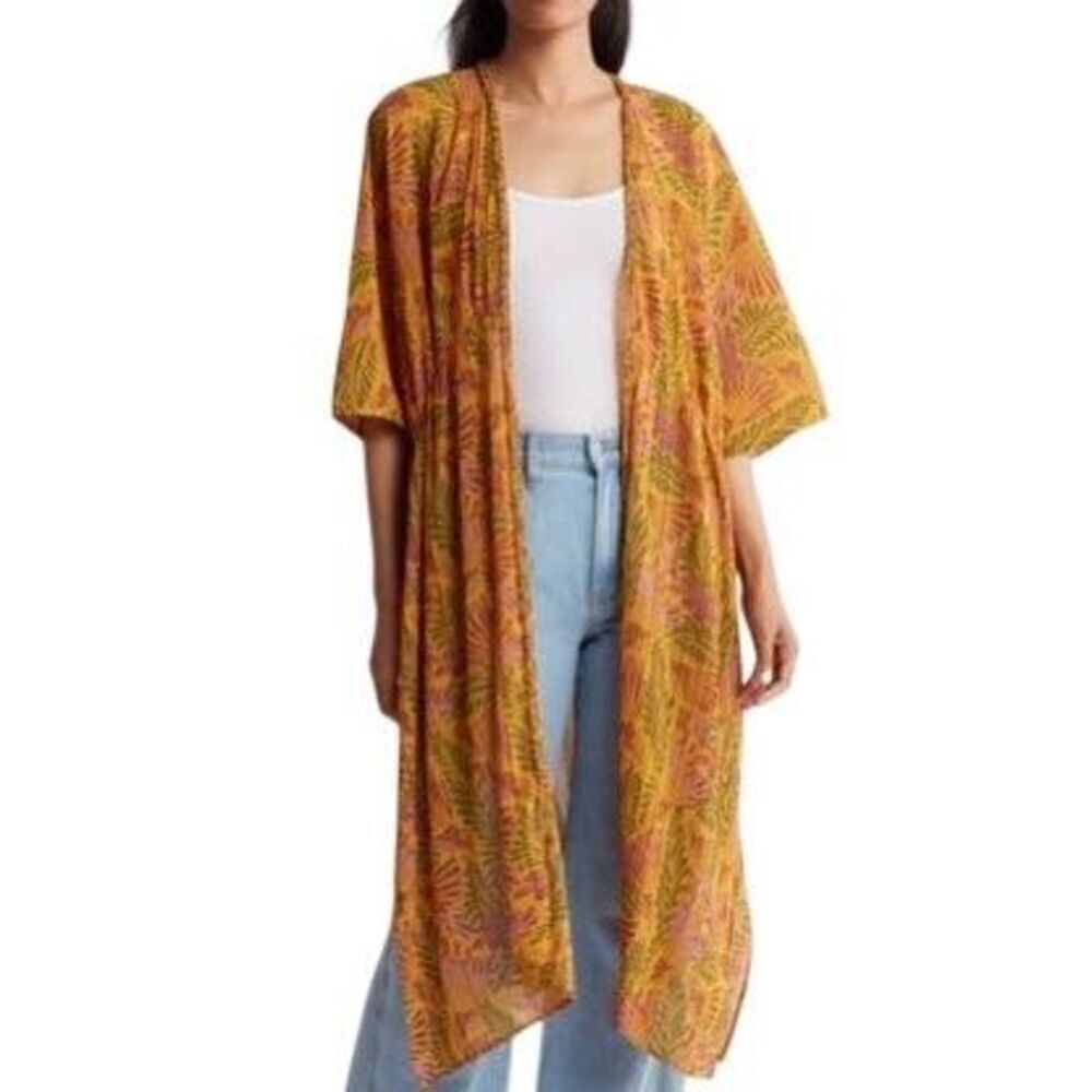 NWT Floral Beach Braid Pleated Ruana Wrap In Mustard